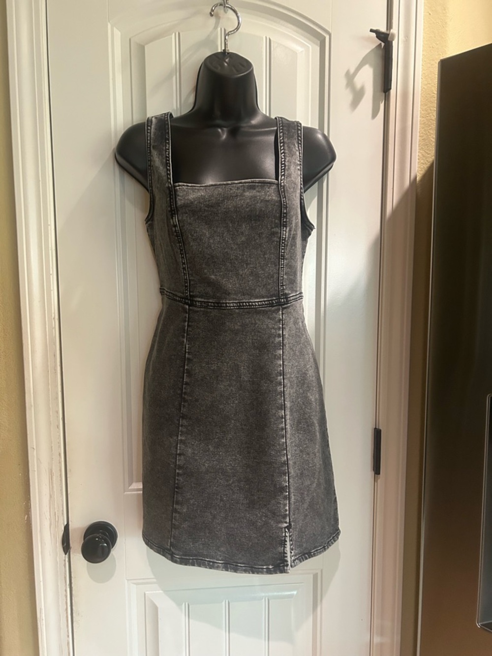 No Boundaries Washed Black Denim Pinafore Dress